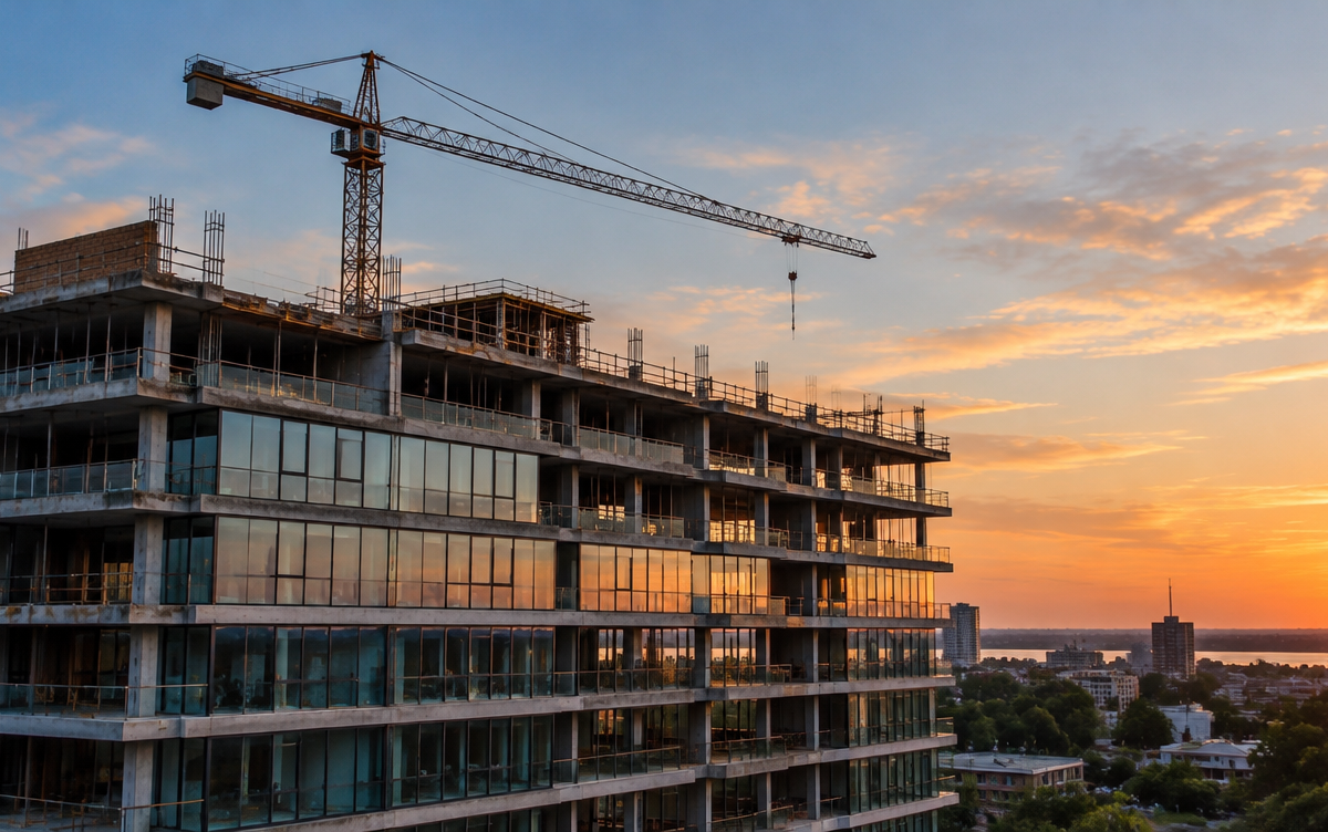 Edificio residencial en construcción con grúa torre al atardecer en Rosario
