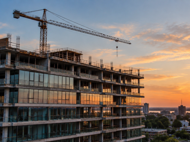 Edificio residencial en construcción con grúa torre al atardecer en Rosario