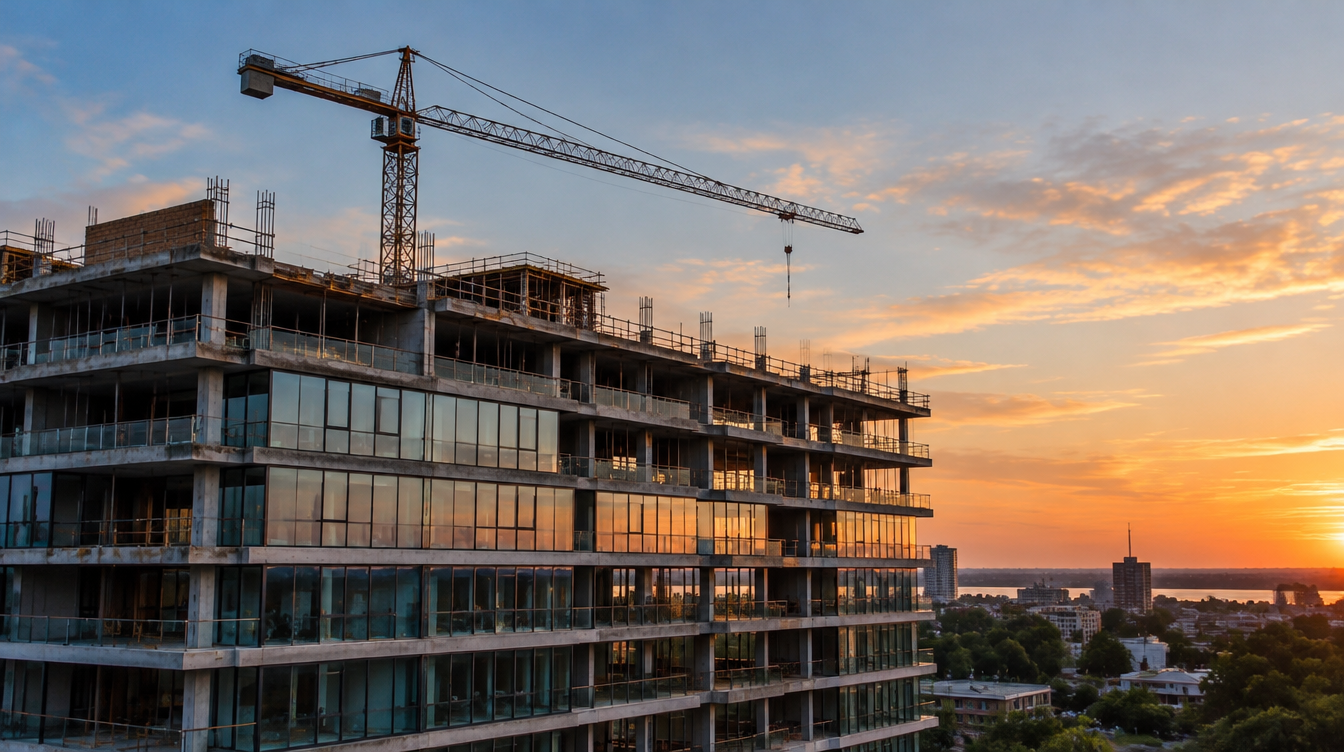 Edificio residencial en construcción con grúa torre al atardecer en Rosario